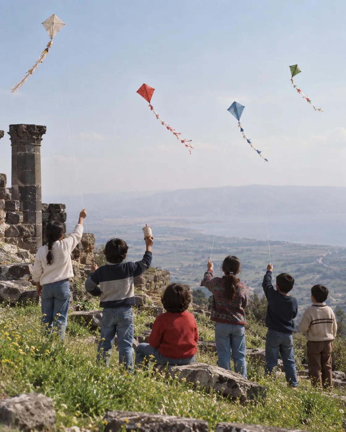A reconstruction of a 1990s spring day at Umm Qais: children on a hillside above the Jordan Valley flying paper kites, seen from behind.