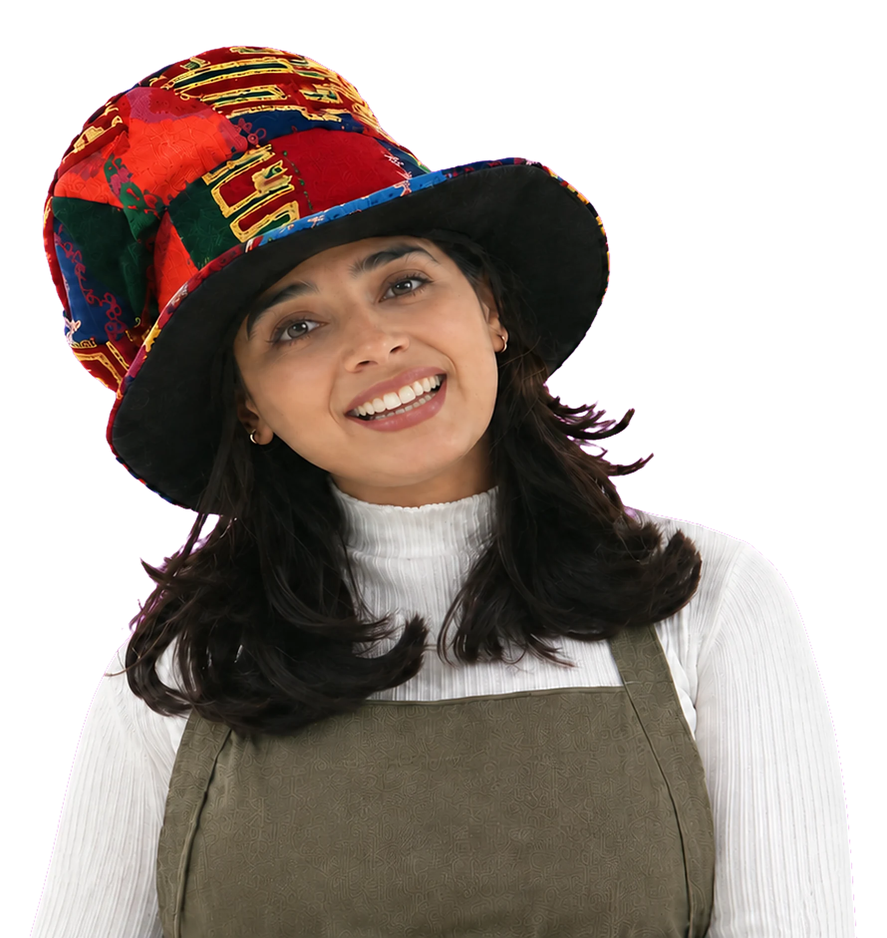 Aroub Soubh in 1995, presenting Waqt Al Farah in the programme's patchwork hat, smiling.