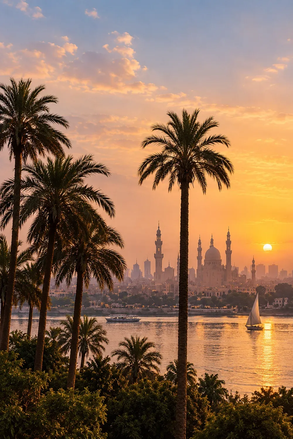 Cairo from the Nile at sunset, palms and minarets; a gold statuette raising a disc, illustration.