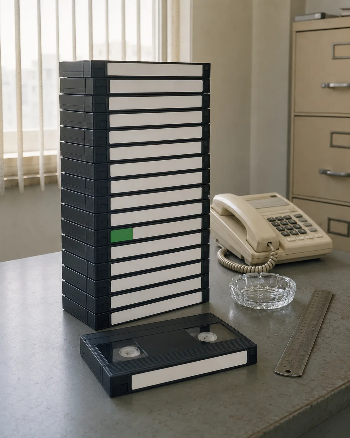 A reconstruction of a 1998 station office: a tall stack of black videocassettes with blank labels on a steel desk, one marked with a green sticker, a cream telephone beside it.