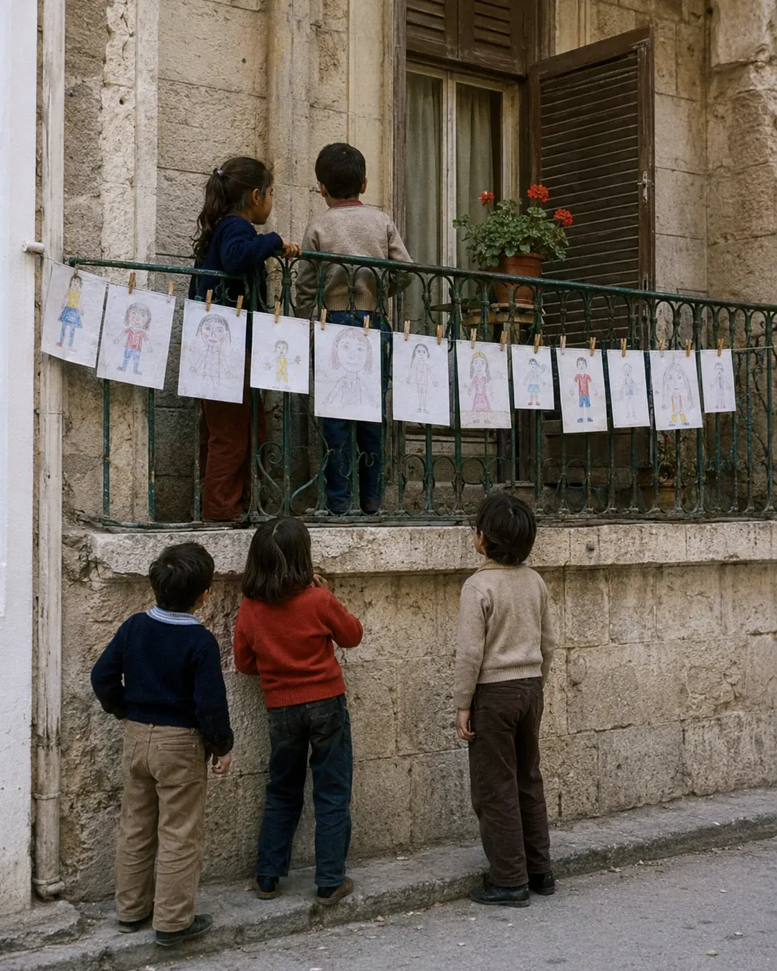 A reconstruction of a 1980 Amman street: a child's drawings of people pegged to a string along a balcony railing, five children looking at them.