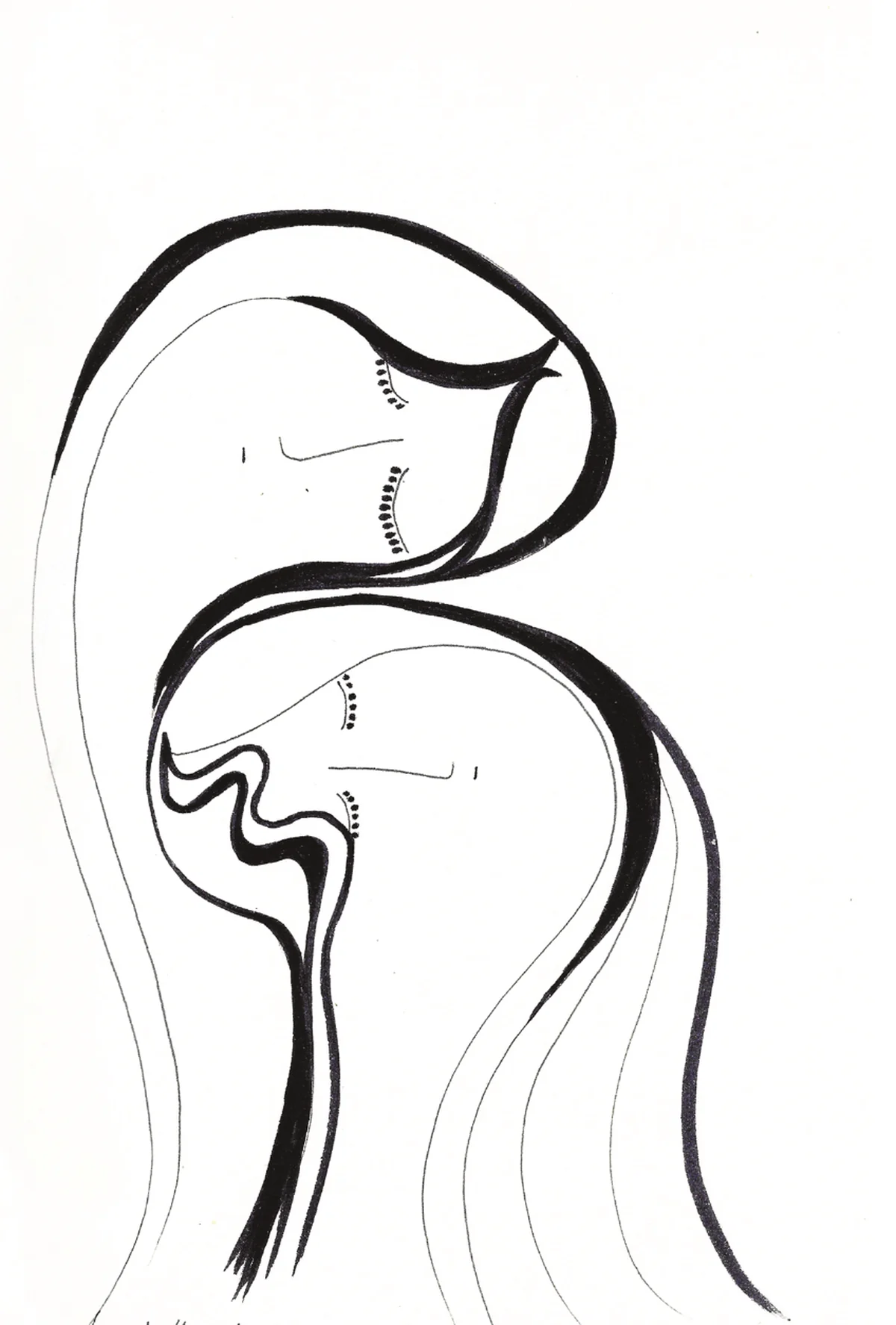 Two faces in a single continuous black line, one resting on the other.