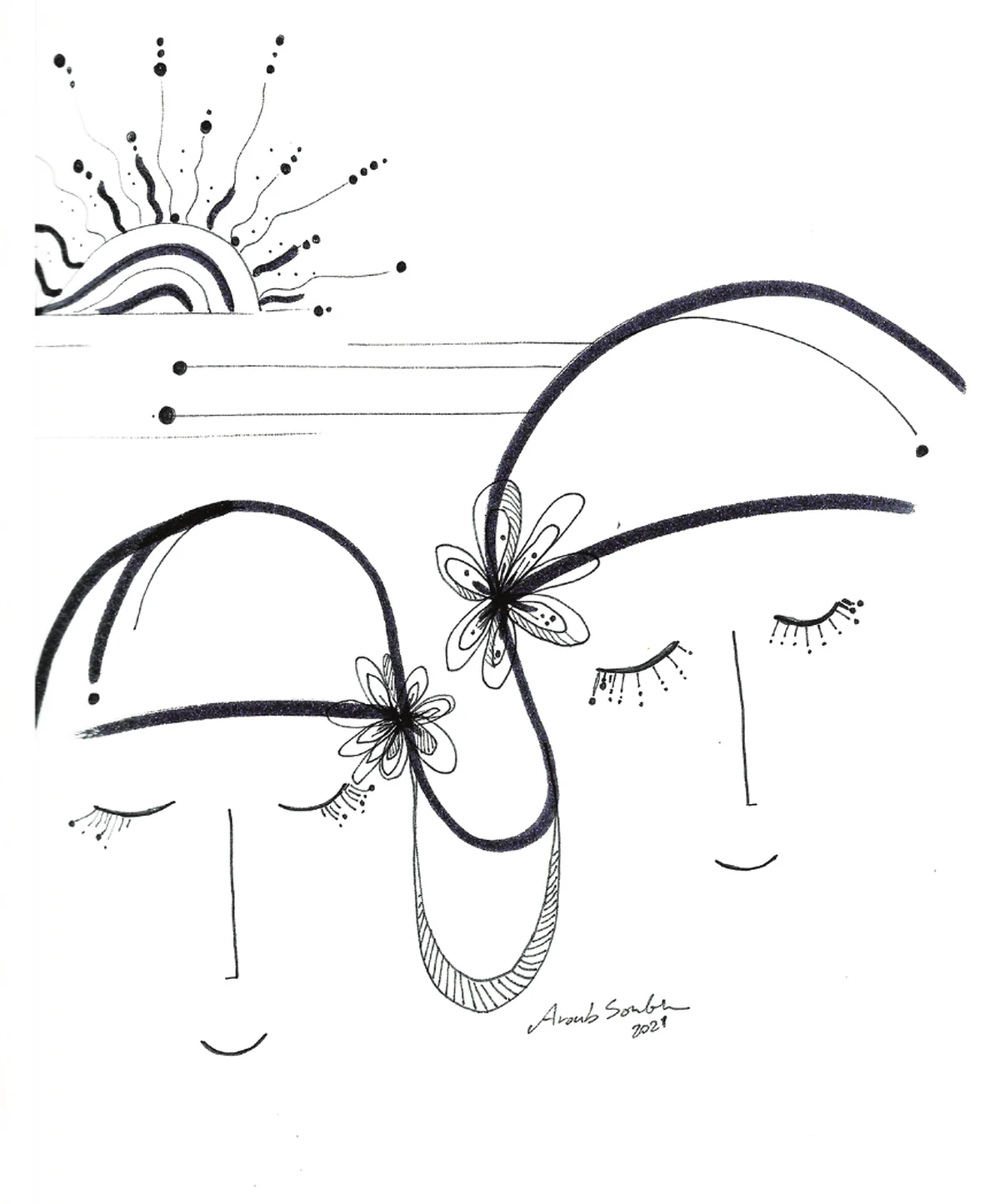 Two faces with closed eyes under a rising sun drawn in fine black line, flowers at their temples.