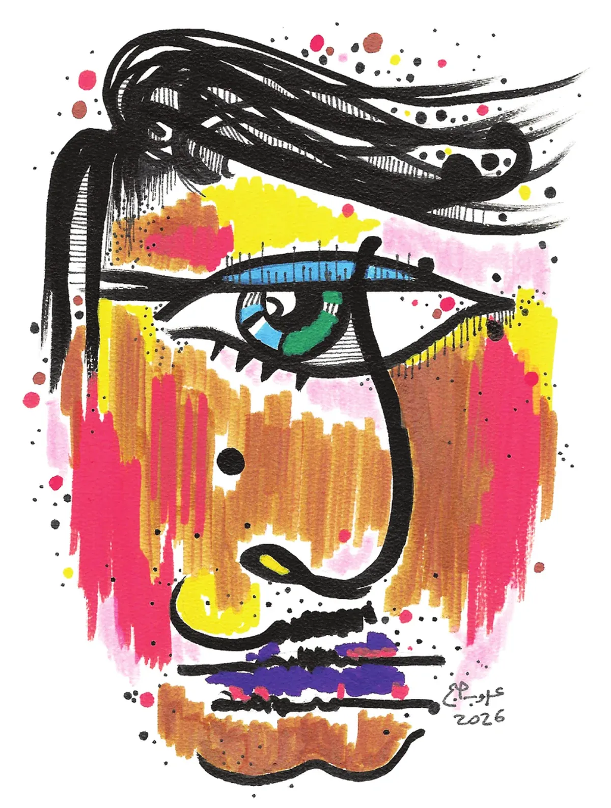 Only You: a face in black ink with strokes of pink, ochre and yellow, one green eye, signed 2026; card three of The First Six, hanging by a peg.