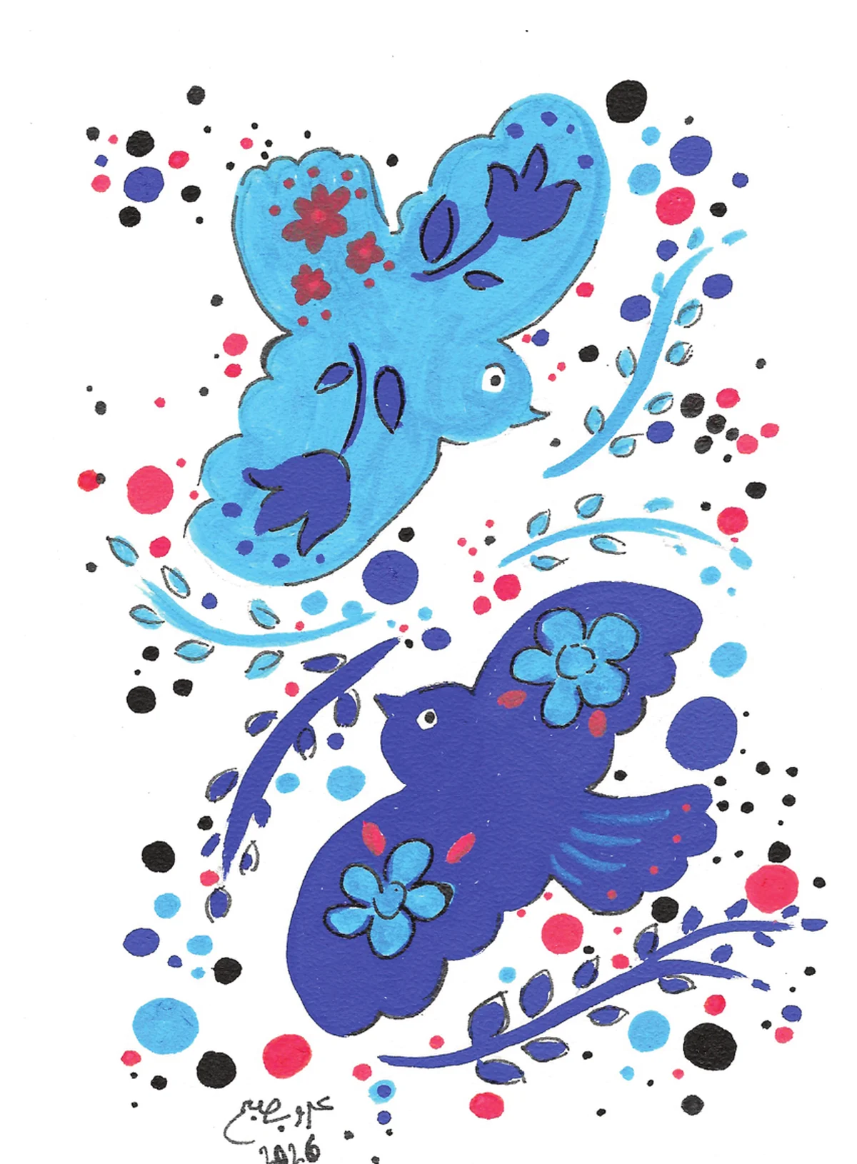 Two blue birds flying in opposite directions among blue, red and black dots and leaves.
