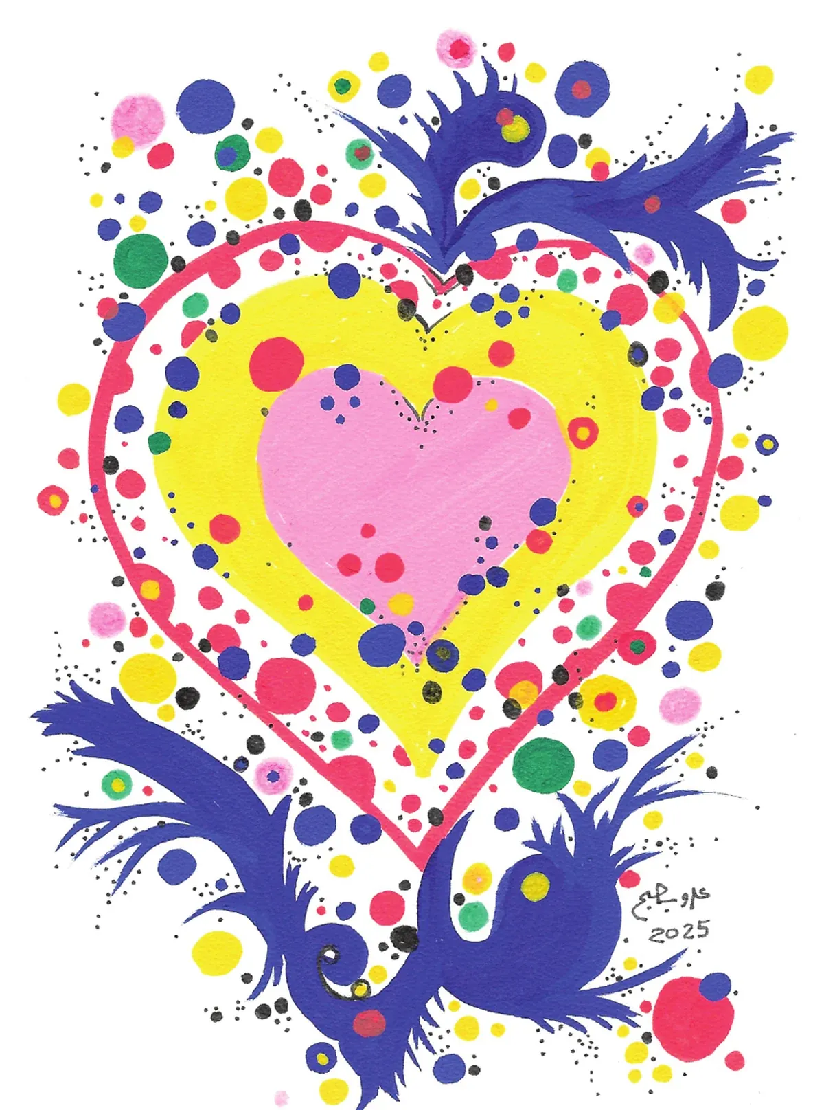 A pink heart inside a yellow heart inside a red outline, surrounded by coloured dots and two blue birds.