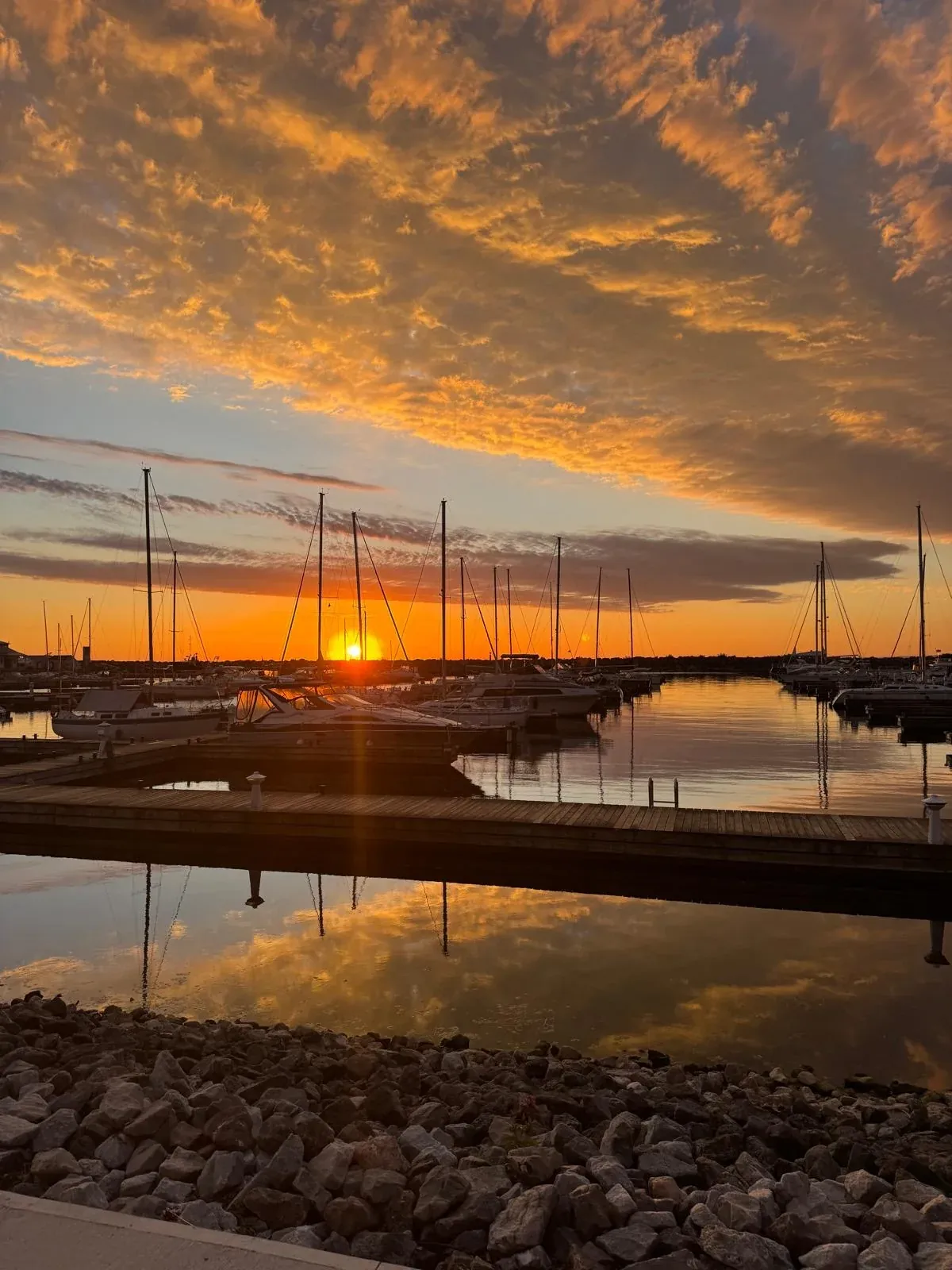 The sun going down between the masts at Oakville harbour, the water gold. Her photograph.