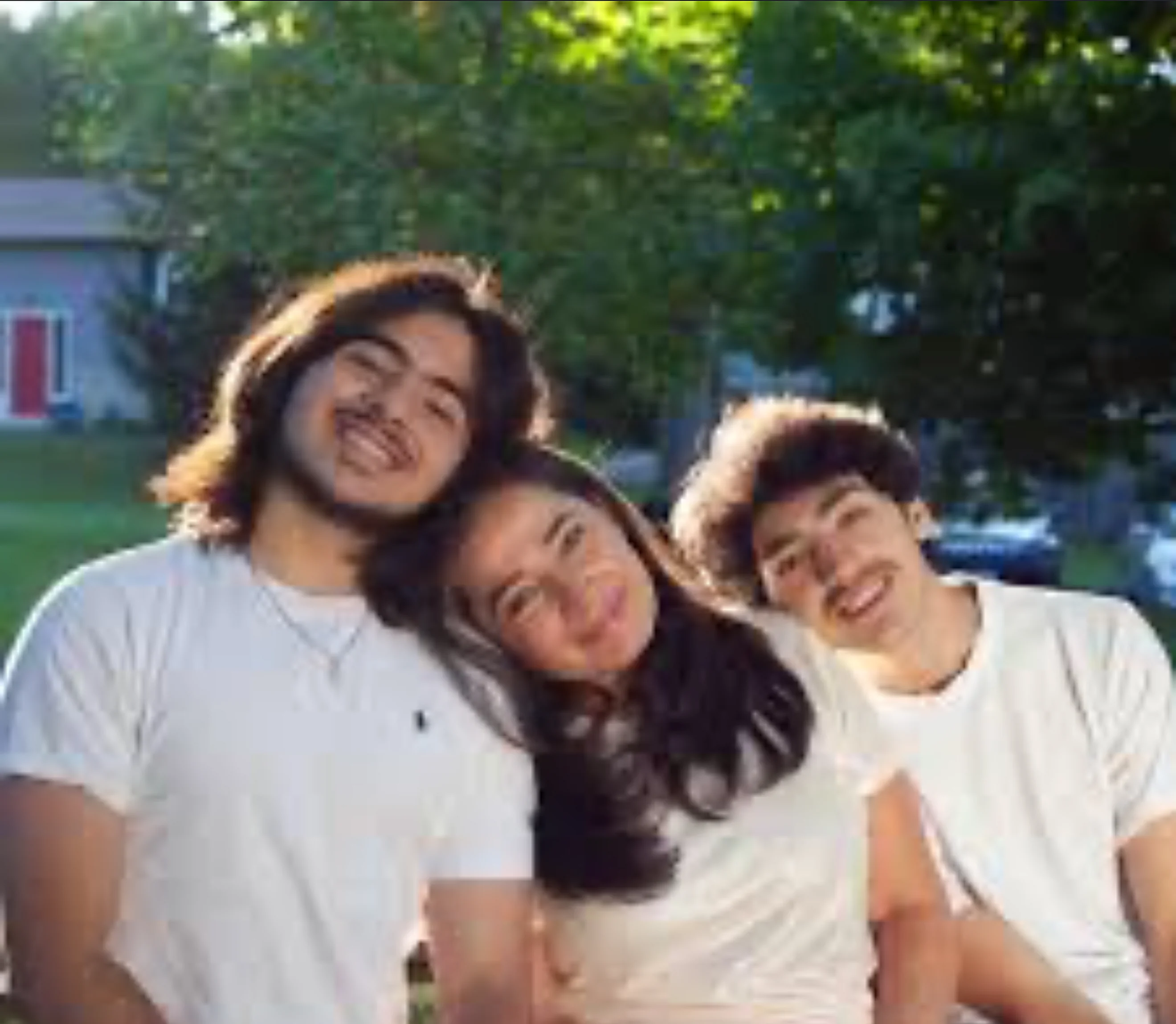 The same three, years later, in white T-shirts in front of a house with a red door and tall trees, her sons grown, leaning into her the same way. Her photograph.